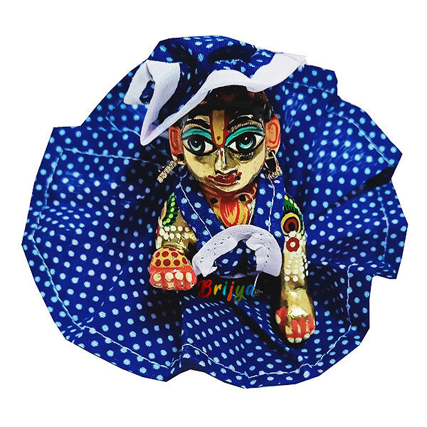 Blue White Dotprint Gown With Cap For Bal Gopal Ji