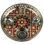 A Set of 5 Pieces Meenakari Silver Pooja Thali