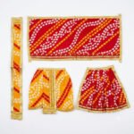 Beautiful Red Yellow Bandhej Print Laxmi Ganesh Poshak