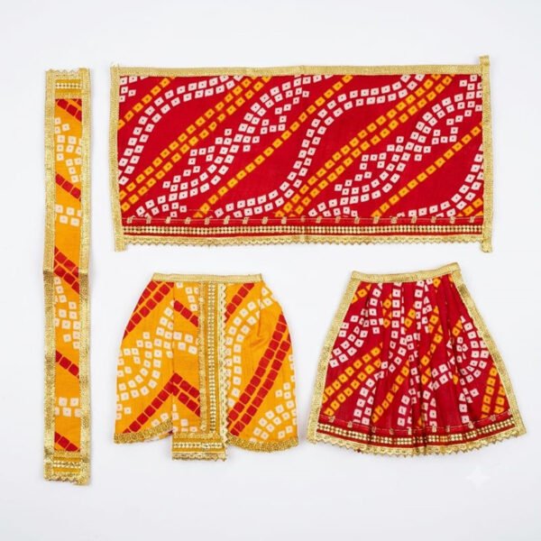 Beautiful Red Yellow Bandhej Print Laxmi Ganesh Poshak