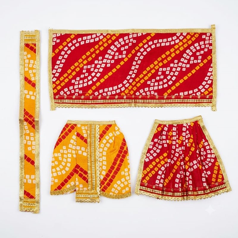 Beautiful Red Yellow Bandhej Print Laxmi Ganesh Poshak Beautiful Red Yellow Bandhej Print Laxmi Ganesh Poshak